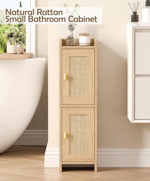 Akxomel Rattan Bathroom Cabinet - 2-Door Narrow Toilet Paper Storage Organizer | 7.9''D x 7.9''W, Natural Oak