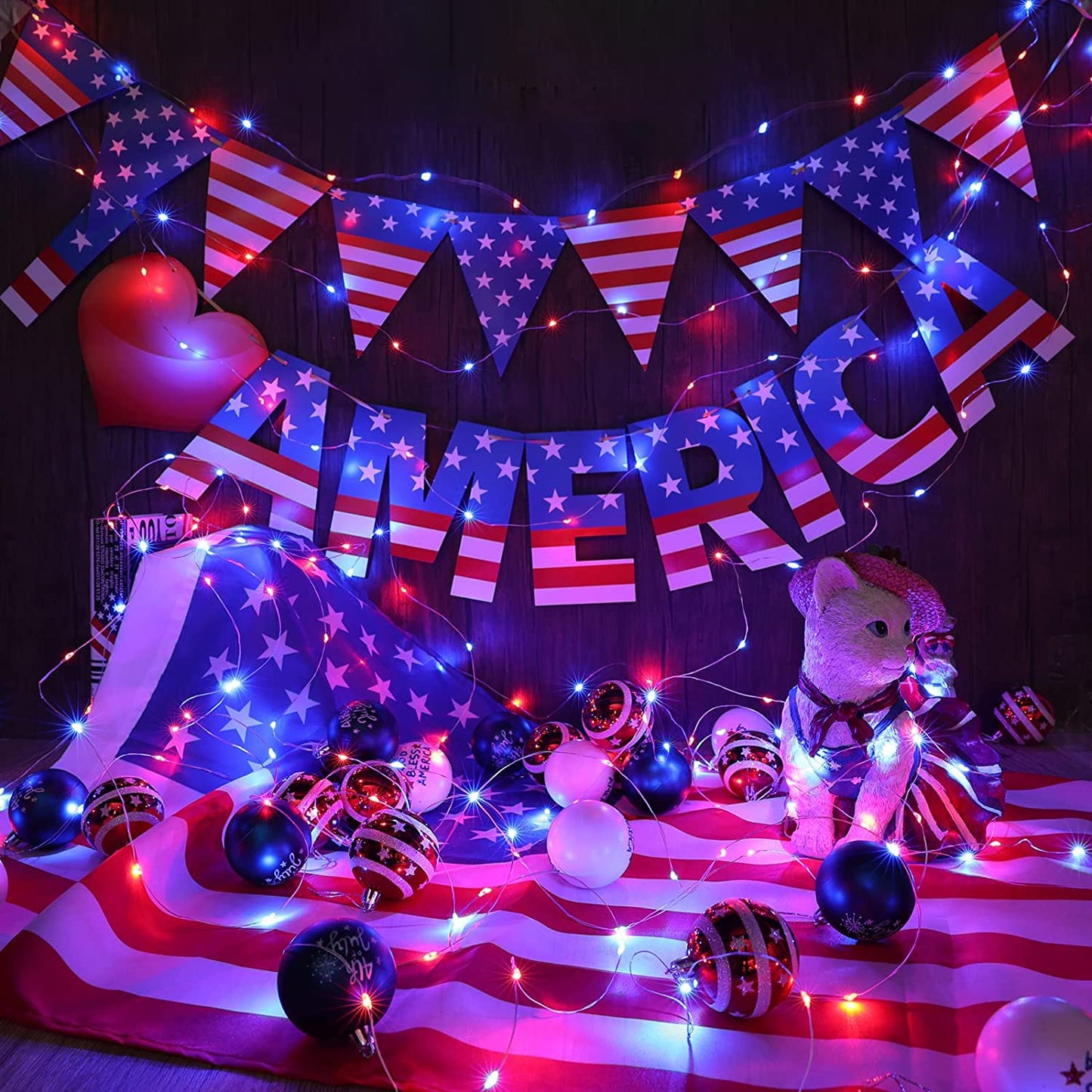 12 Pack 4th of July Lights 7 Feet 20 Led Waterproof Red White and Blue Lights Silver Wire Firefly Starry Moon Lights for Bedroom Independence Day Fouth of July Decor (Red & White & Blue)