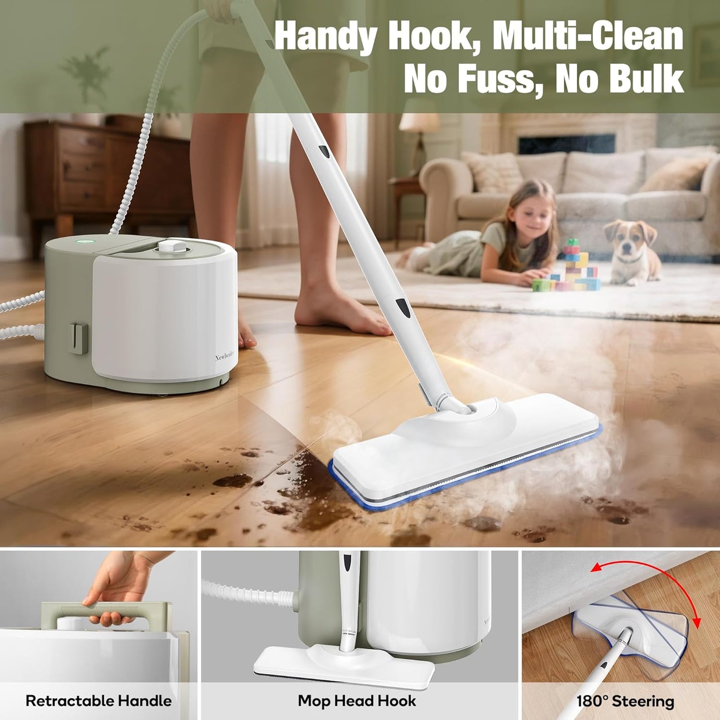 Newbealer Heavy-Duty Steam Cleaner - Multi-Purpose Steamer with 20 Accessories, 5 Bar Pressure, Stainless Steel Boiler