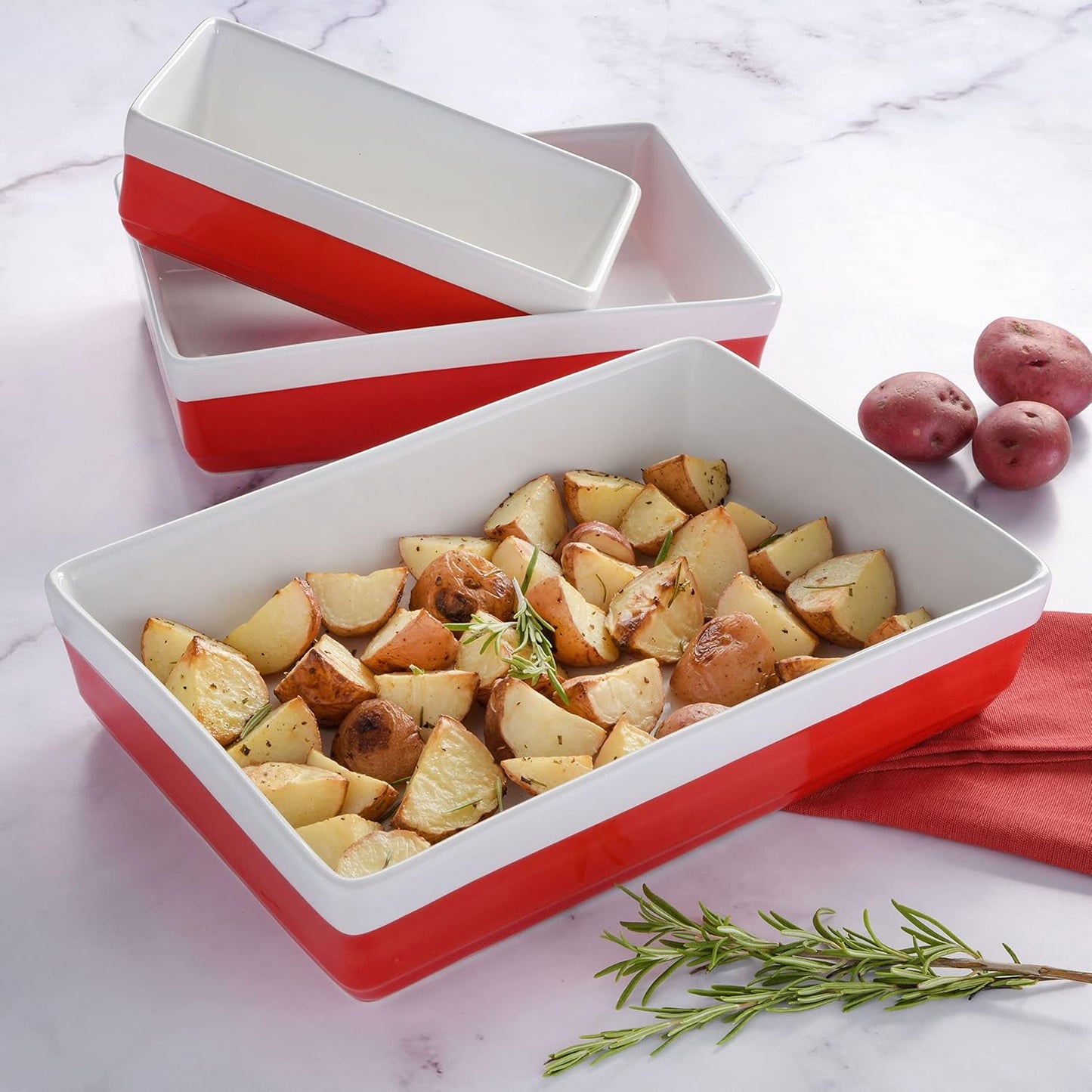 Martha Stewart 3-Piece Stoneware Bakeware Set - Durable Oven-Safe Baking Dishes in Red