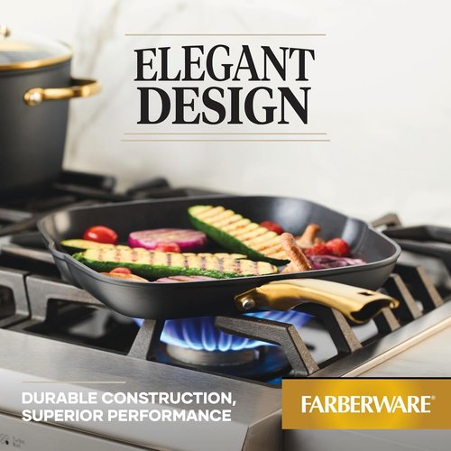 Farberware Forged Induction Ceramic Cookware - Nonstick 11-Inch Square Grill Pan | Dishwasher Safe, Black & Gold