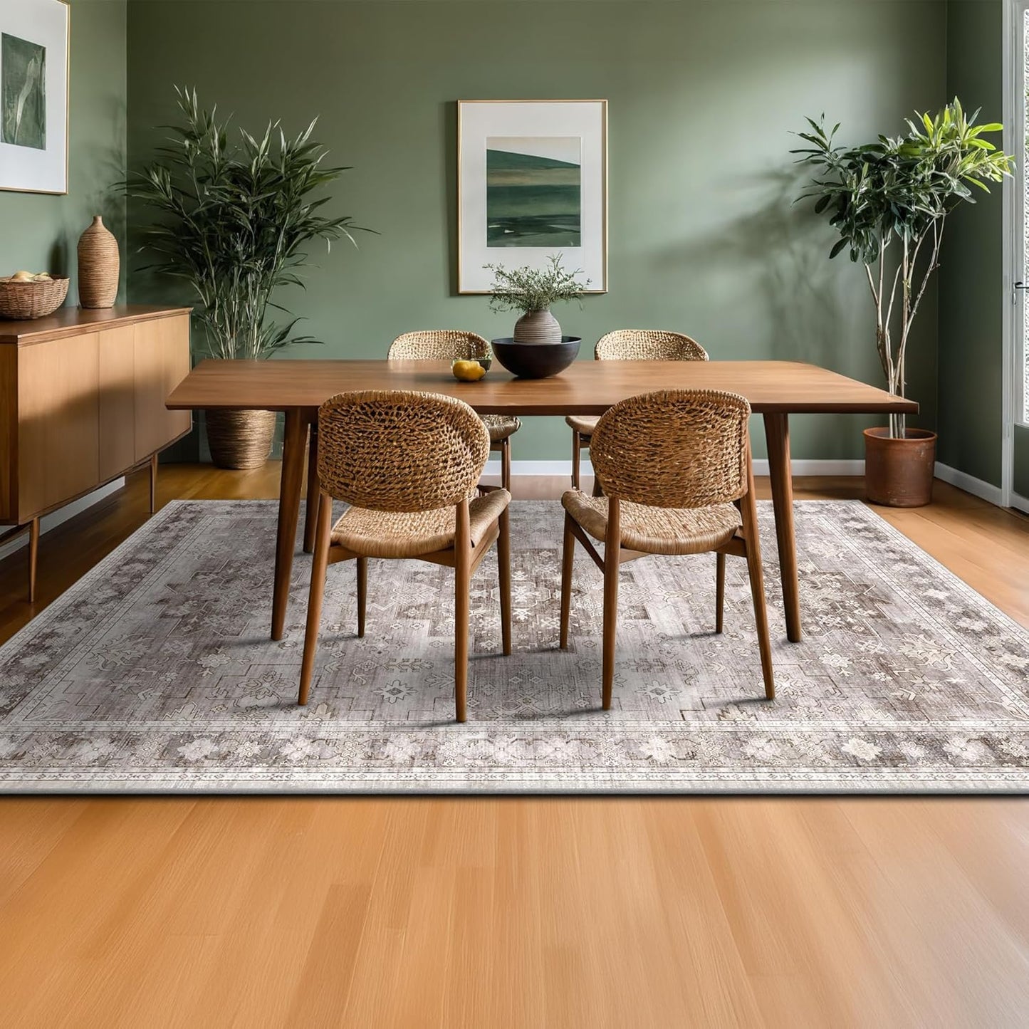 Regine Switzerland Washable Area Rug - 6x9 Boho Vintage Non-Slip Floral Design in Beige/Latte