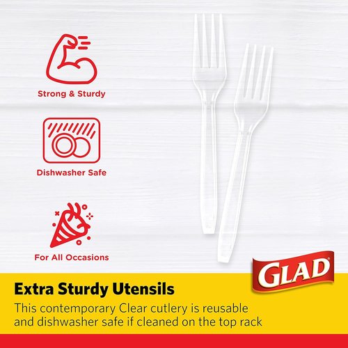 Glad Crystal Clear Heavy Duty Forks - 24 Count Strong Disposable Plastic Forks for Daily Use