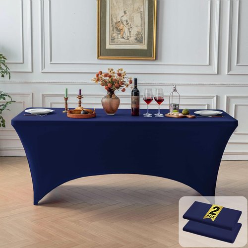 FOLINS&HOME 2 Pack Navy Blue 6FT Fitted Spandex Tablecloth, Waterproof Wrinkle Free Elastic Table Cover for 6 Foot Rectangle Tables Stretch Table Cloth for Weddings, Banquets, Parties (2 Pcs)