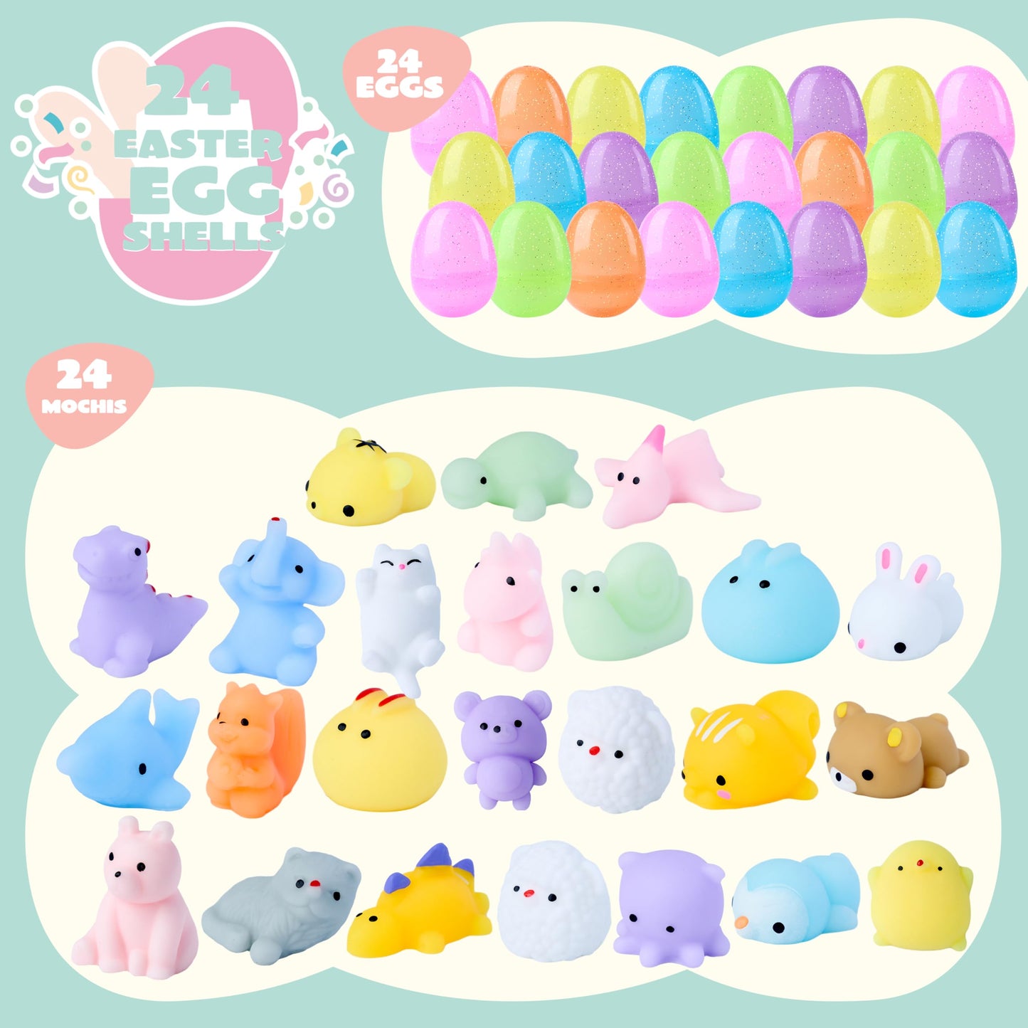 JOYIN 24 Pcs Easter Prefilled Eggs with Mochi Squishy Toys, Fruit Stress Reliever Squishy Toy for Easter Egg Hunt, Kids Party Favor, Fruit Themed Mochi Filler Basket Stuffers, Classroom Prize Supplies