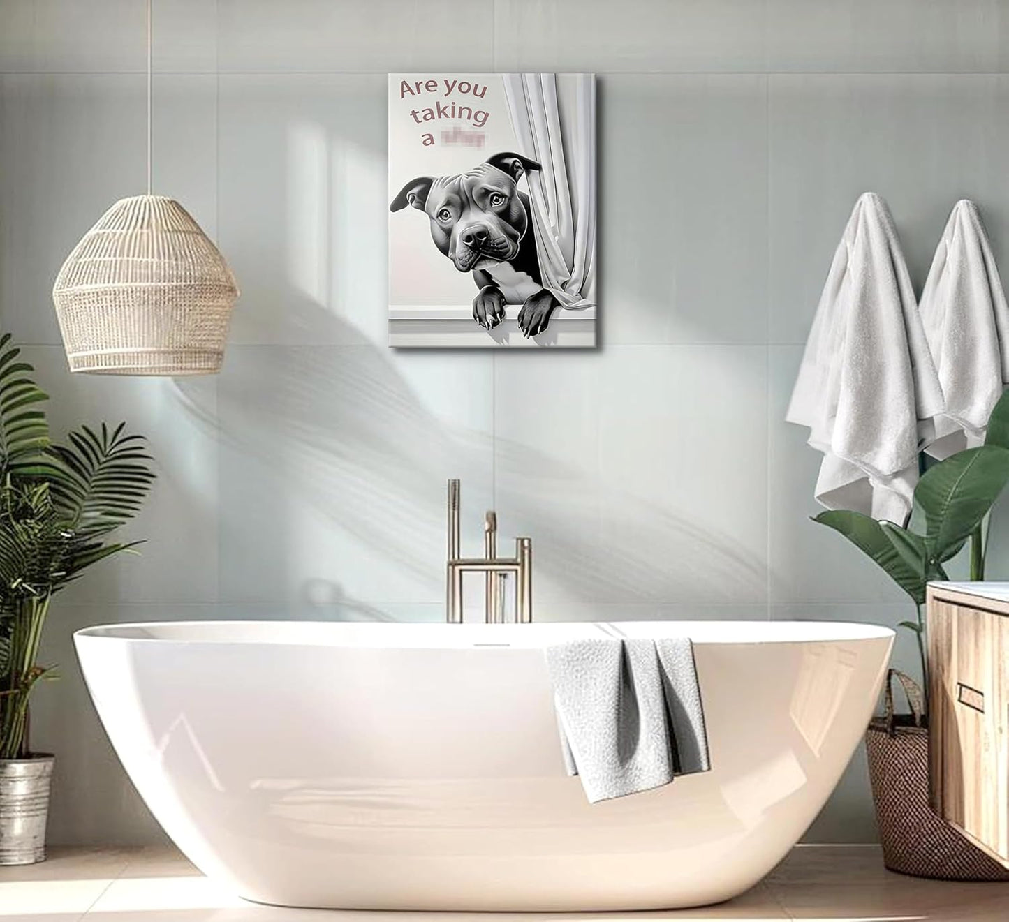 KADEYEE Funny Dog Wall Art - French Bulldog Peeking Into Toilet | Black & White Bathroom Decor, 12x16 Inch Framed Print