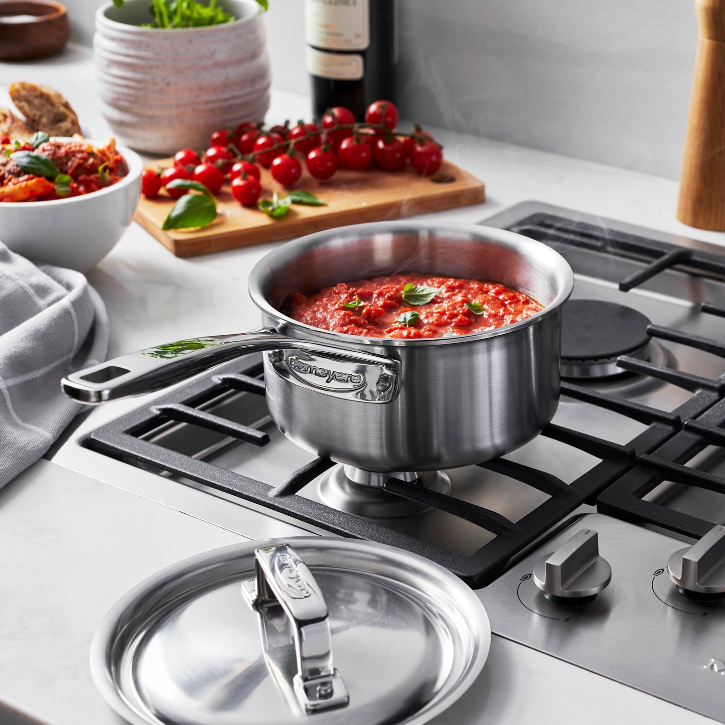 Demeyere Essential 5-ply, 18/10 Stainless Steel, Stay Cool Handle, Oven Safe, Compatible with all Cooktops, Perfect Pour Edge, 1.5-qt Saucepan with Perfect Fit Lid