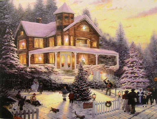 Christmas LED Wall Art - Lighted Canvas Print of Victorian House in Snow - 16x12