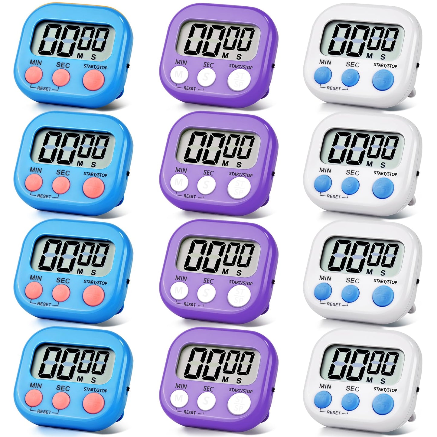 12 Pack Digital Kitchen Timer Magnetic Digital Timer with Big Display Loud Ring Cooking Timers for Kitchen Electronic Timer for Cooking, Bathing, Gym, Break Time, Classroom(12,White,Blue,Purple)