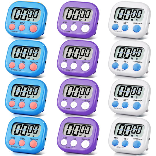12 Pack Digital Kitchen Timer Magnetic Digital Timer with Big Display Loud Ring Cooking Timers for Kitchen Electronic Timer for Cooking, Bathing, Gym, Break Time, Classroom(12,White,Blue,Purple)