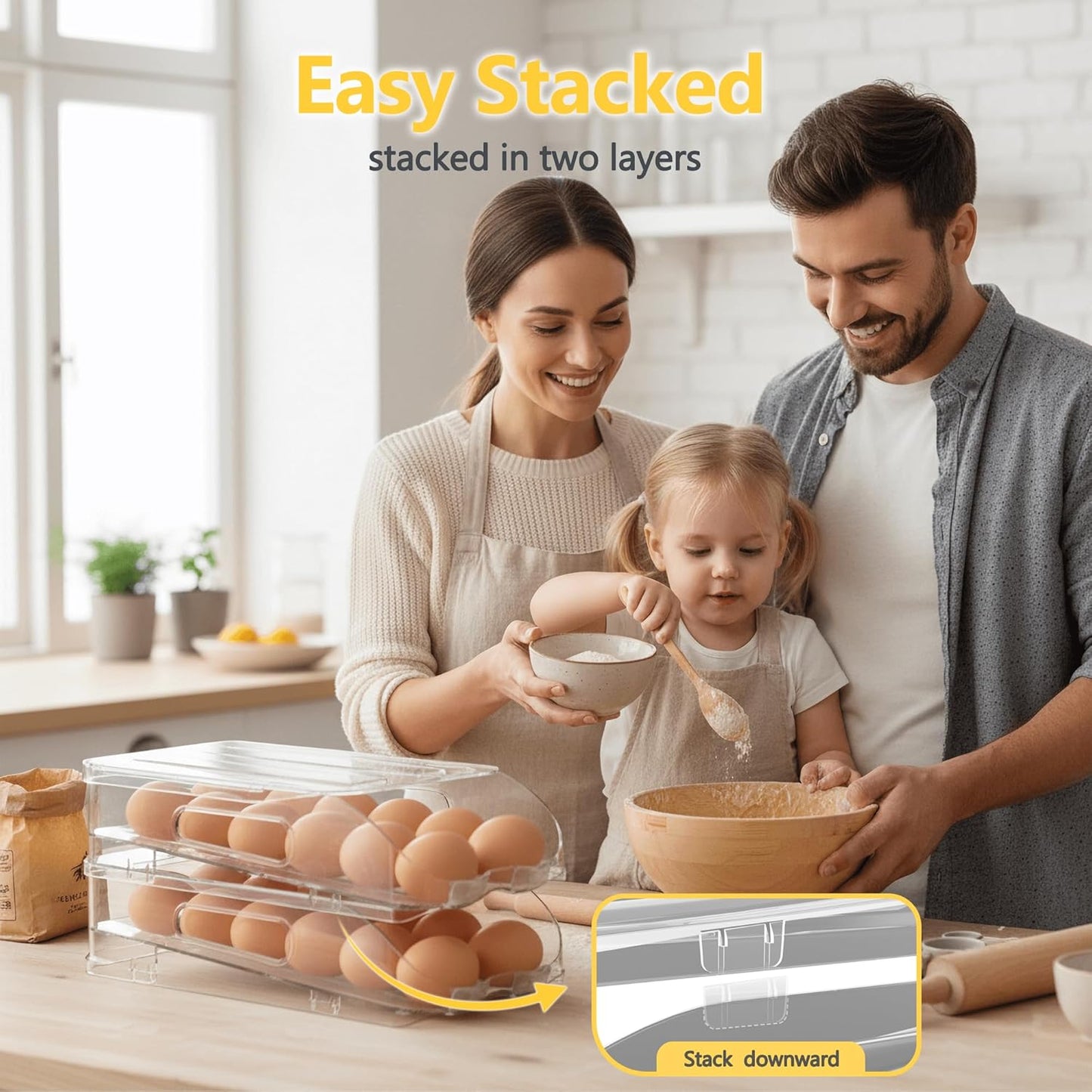 SMRCAD Egg Holder - Automatic Rolling Container with Soft Bumpers & Handle | Stackable Fridge Organizer