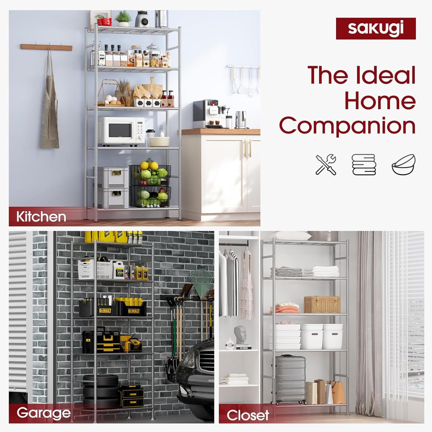 Sakugi Storage Shelves - Heavy Duty 5-Tier Shelf Organizer for Kitchen, Pantry & Garage | 33"W x 12.6"D x 72"H, Silver
