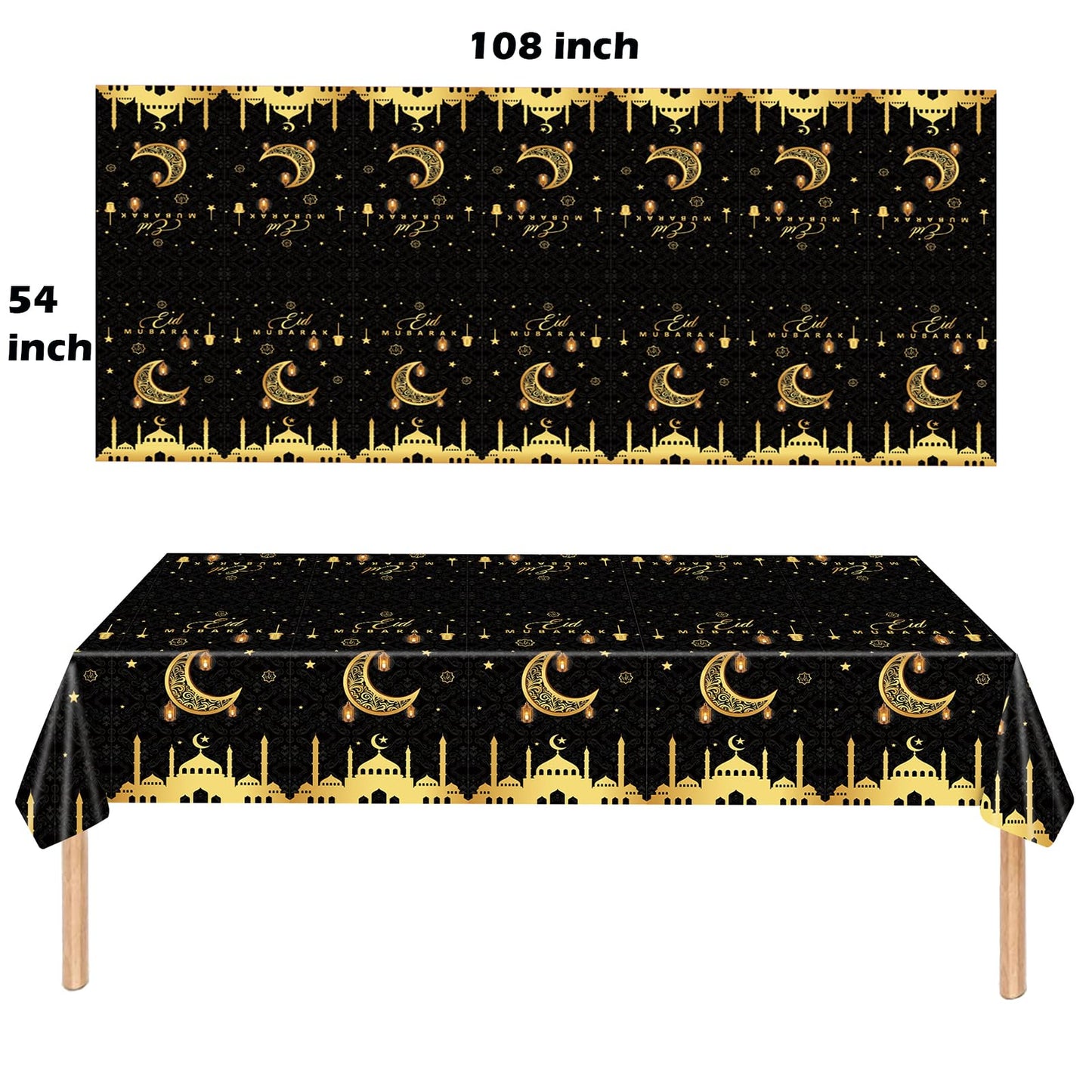 3 Pack Ramadan Decorations Ramadan Table Cloth, Black and Gold Eid Mubarak Tablecloth, 108x54 inch Ramadan Mubarak Table Cover, Ramadan Eid Decorations for Home, PE Plastic Disposable Tablecloth