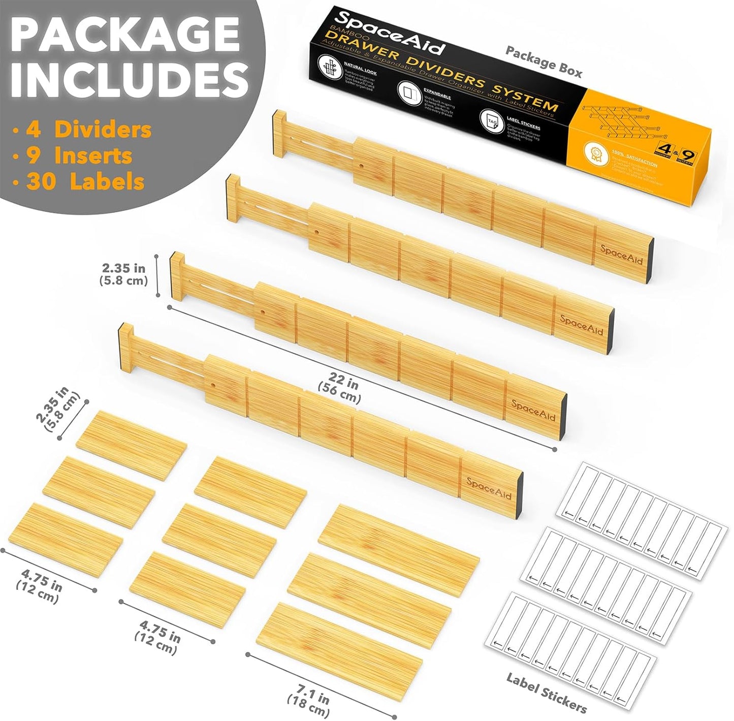 SpaceAid Bamboo Drawer Dividers - Adjustable Kitchen Organizers with Inserts & Labels | 4 Dividers (17"-22") Natural