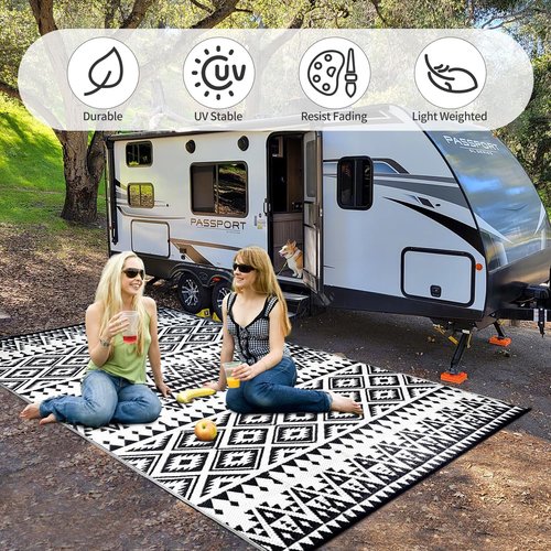 Bohemia Waterproof Outdoor Rug - Reversible Plastic Straw Mat for Patio & Camping | 5x8ft, Black & White