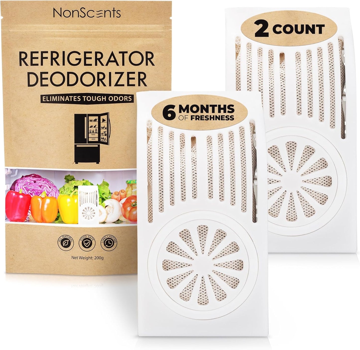 NonScents Refrigerator Deodorizer - Long-Lasting Odor Eliminator with Activated Charcoal | Unscented (2-Count)
