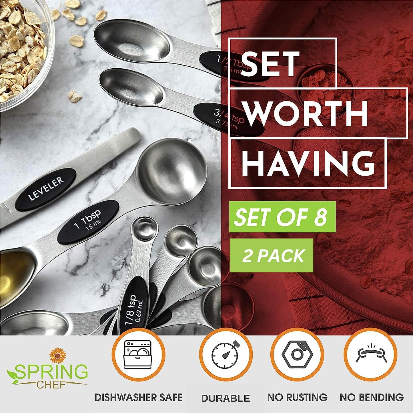 Spring Chef Magnetic Measuring Spoons Set, Dual Sided, Stainless Steel, Fits in Spice Jars, White, Set of 8, 2 Pack