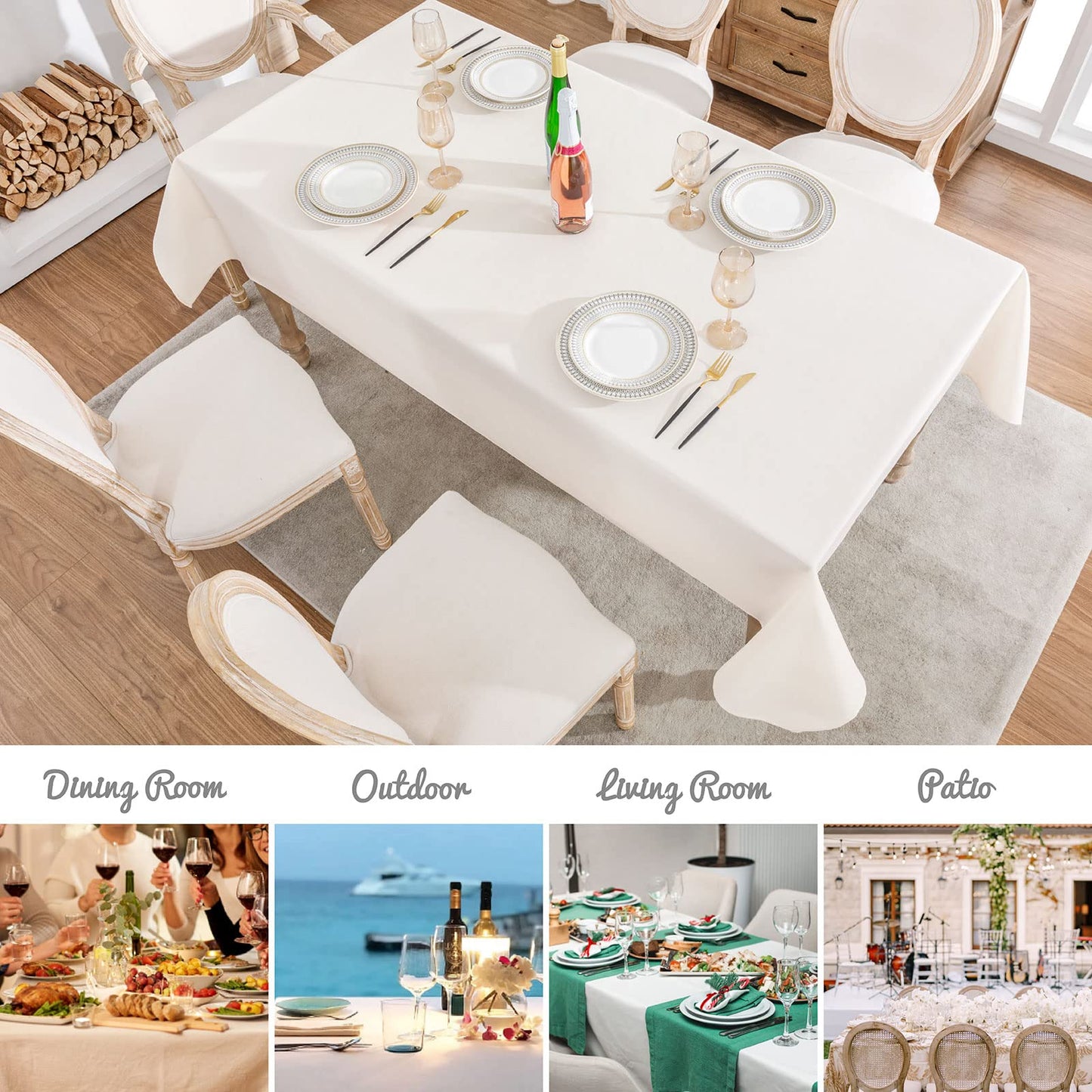 Veblandy Rectangle Tablecloth 60x144 inch Linen Textured Waterproof Table Cloth Stain and Wrinkle Resistant Washable, Decorative Fabric Table Cover for Outdoor and Indoor Use, Ivory