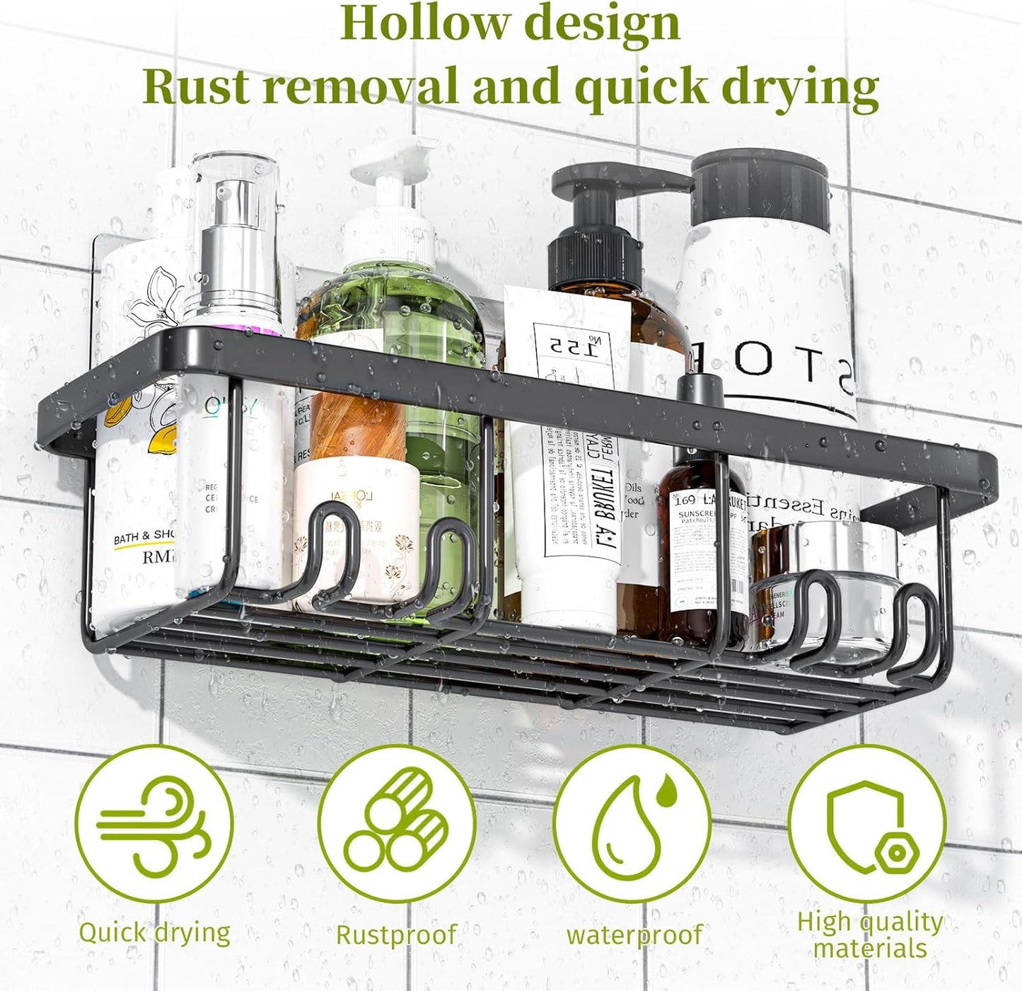 Skiennix Adhesive Shower Caddy - Rustproof Stainless Steel Bathroom Organizer | 5 Pack, Large Capacity, No Drilling, Black