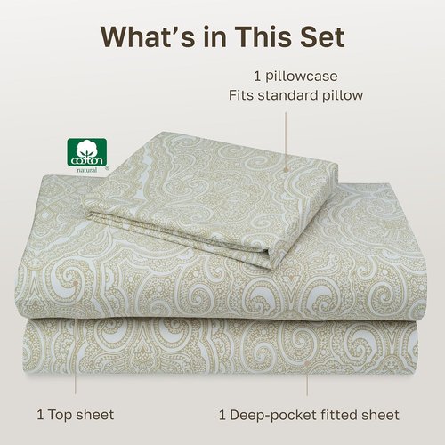California Design Den Twin XL Cotton Sheets Set - 100% Soft Cotton, 400 Thread Count, Award-Winning Sateen Finish, Paisley Beige