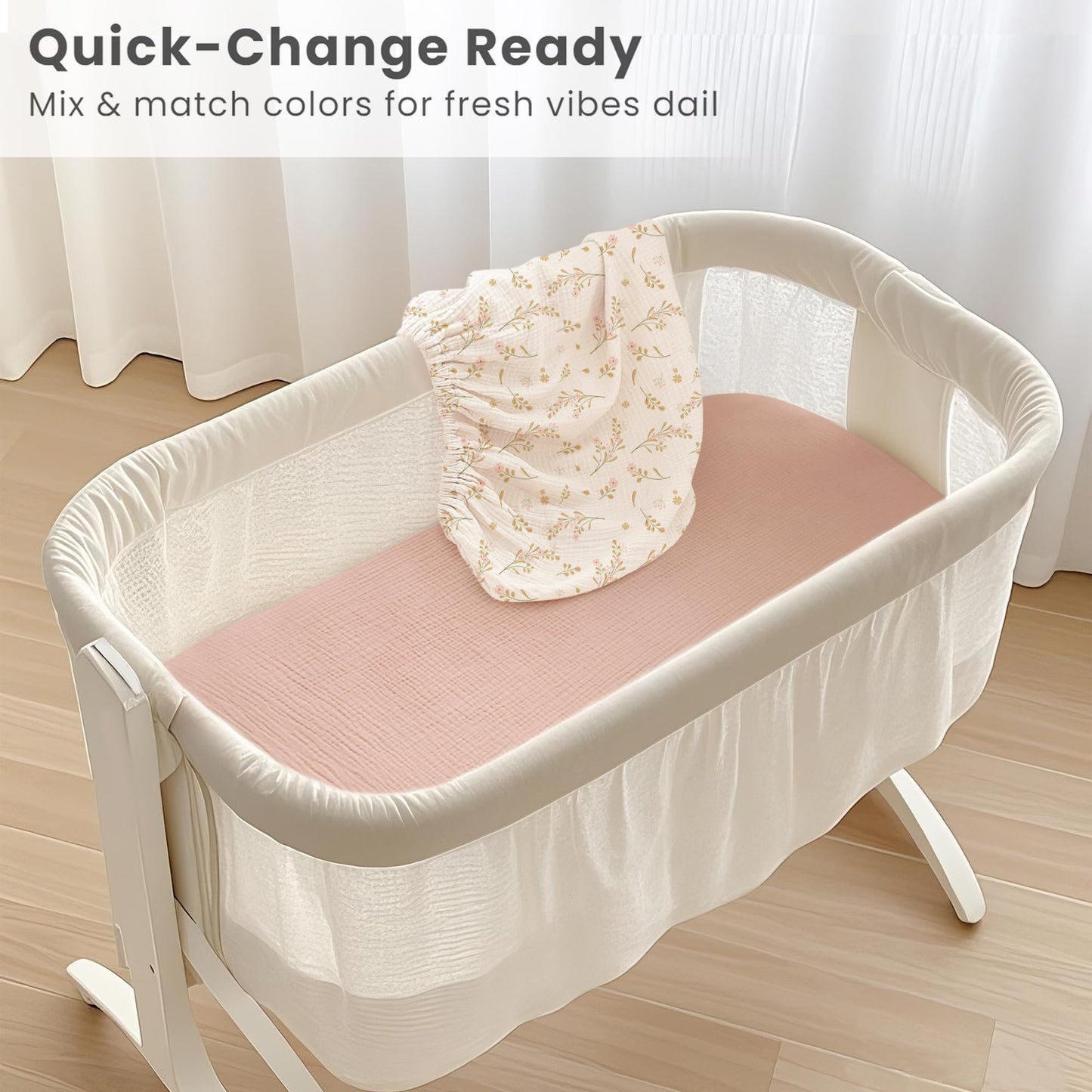 Konssy Muslin Fitted Bassinet Sheets 2 Pack for Baby Girl Boy, Soft Bedside Sleeper Bassinet Sheets Fit for Baby Bassinets, Moses Basket Oval Rectangle Pad/Mattress