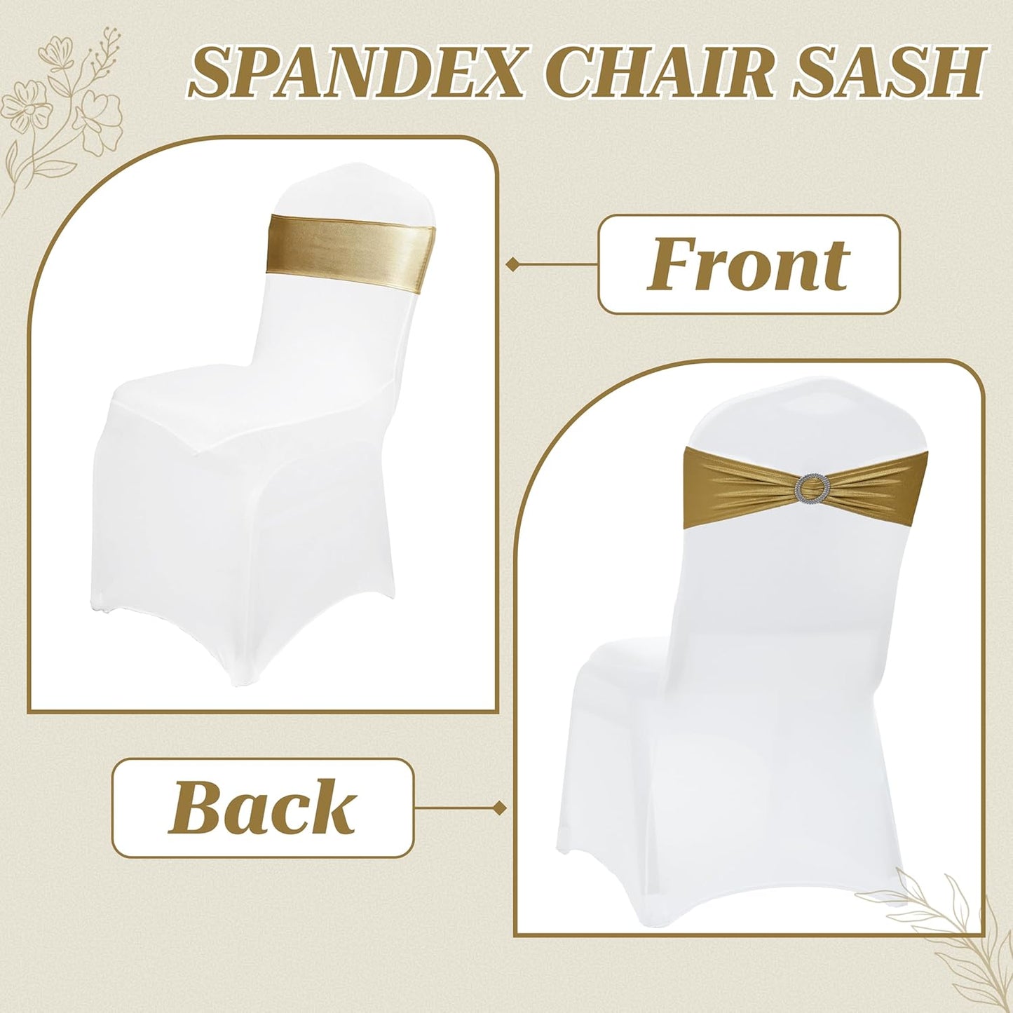 MDS Spandex Foil Chair Sashes - Universal Elastic Stretch Bands with Buckle for Weddings | Metallic Gold, Pack of 100