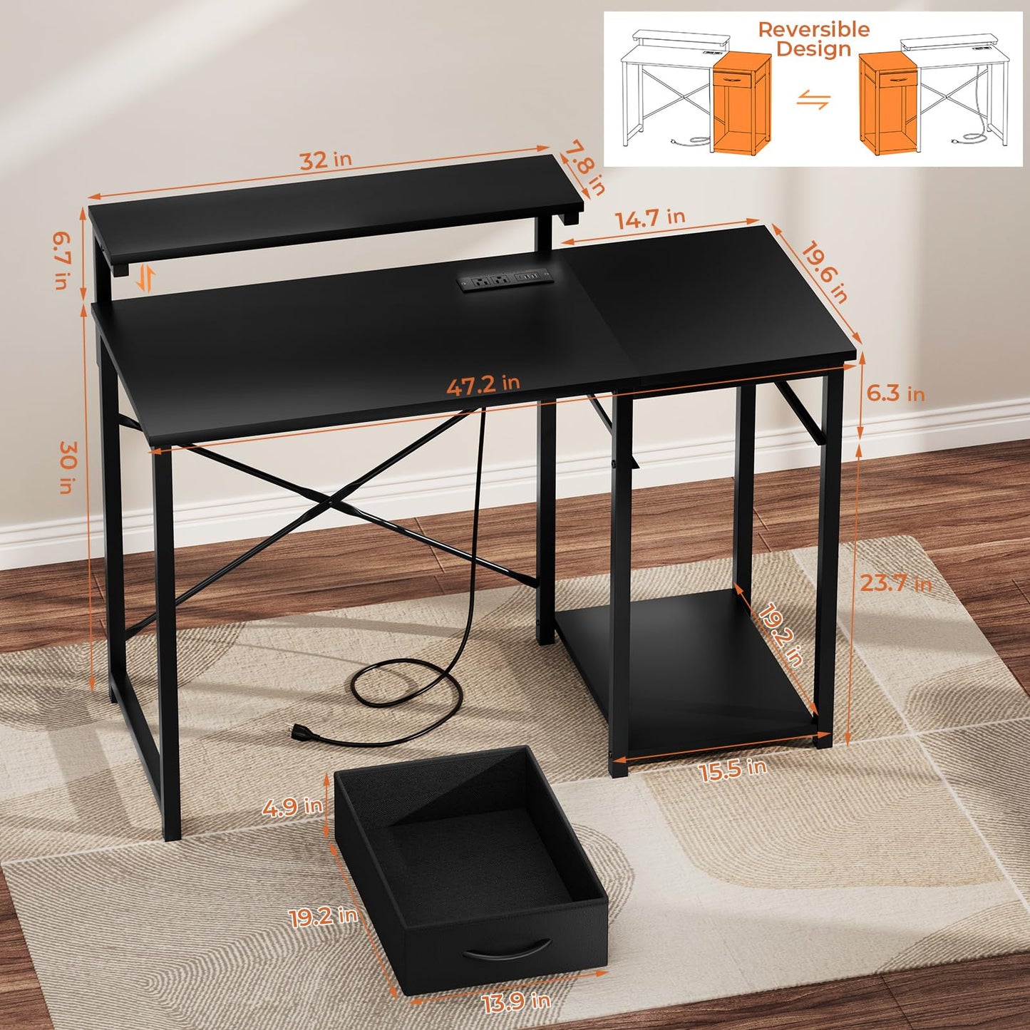 SOROGRA Computer Desk with Adjustable Monitor Stand, 47.2 in Small Desk with Reversible Storage Shelves, Office Desk with Spacious Desktop Spaces for Home Bedroom Workstation, Black