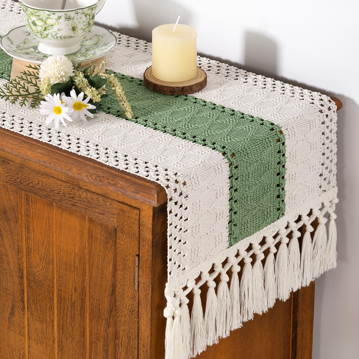 Socomi Boho Table Runner Macrame Summer Farmhouse Woven Cotton Linen Rustic Coffee Table Runner with Tassels for Dresser Scarf Home Decor Dining Room 12x90 inch Sage Green Ivory