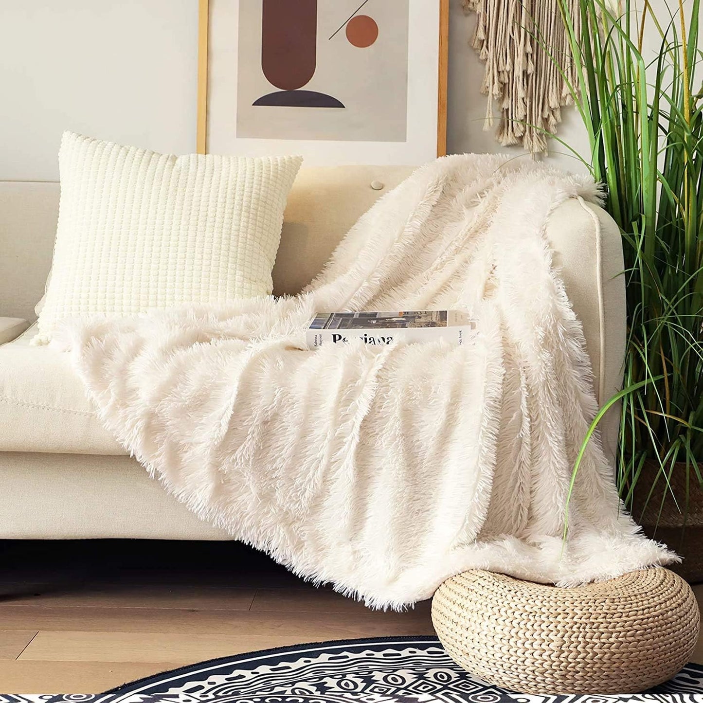 Tuddrom Faux Fur Throw Blanket - Extra Soft & Cozy Reversible Shaggy Design | 50" x 60", Cream White