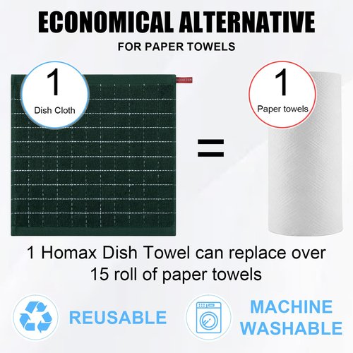 Homaxy 100% Cotton Terry Kitchen Dish Cloths, Ultra Soft and Absorbent Dish Towels for Kitchen, Suitable for Drying and Washing Dishes, 12 Pack, 12 x 12 Inches, Blackish Green