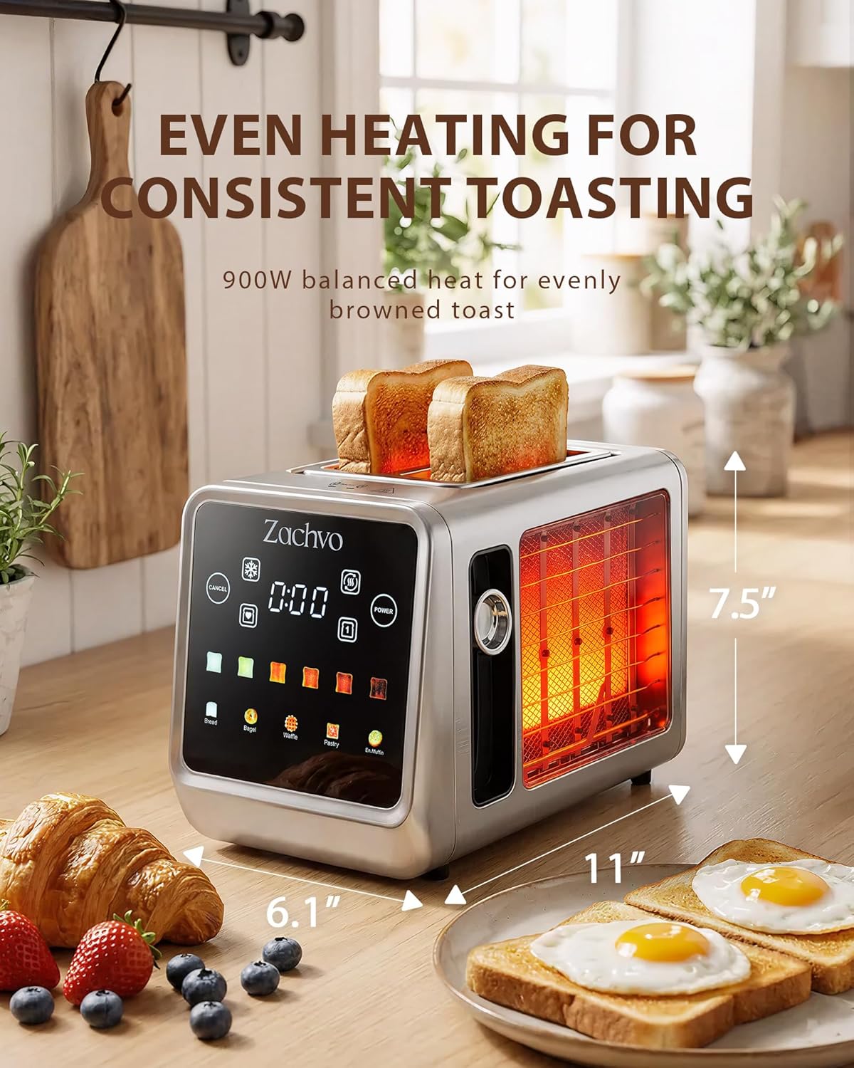 Skiennix 2-Slice Toaster - Smart Touchscreen & Digital Countdown Timer | 1.5" Wide Slots for Bagels & Bread