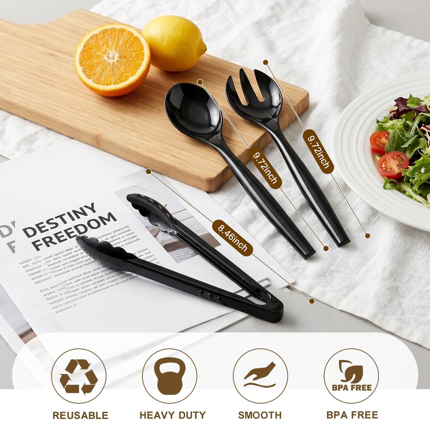 Dualshine 24 Pcs Disposable Black Plastic Serving Utensils,8 Set Including 9.72" Plastic Serving Spoons, Forks and 8.46" Tongs, for Dinner Parties, Buffets,Banquets, Events, Weddings, and Daily Use