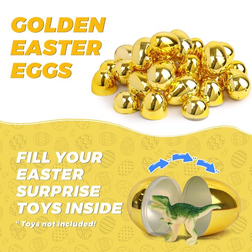 Envotek 36 Pack Gold Easter Eggs, 2.4 Inch Metallic Plastic Empty Golden Eggs Fillable for Easter Eggs Hunt, Easter Basket Stuffers Fillers, Classroom Prize Supplies, Filling Treats and Party Favors