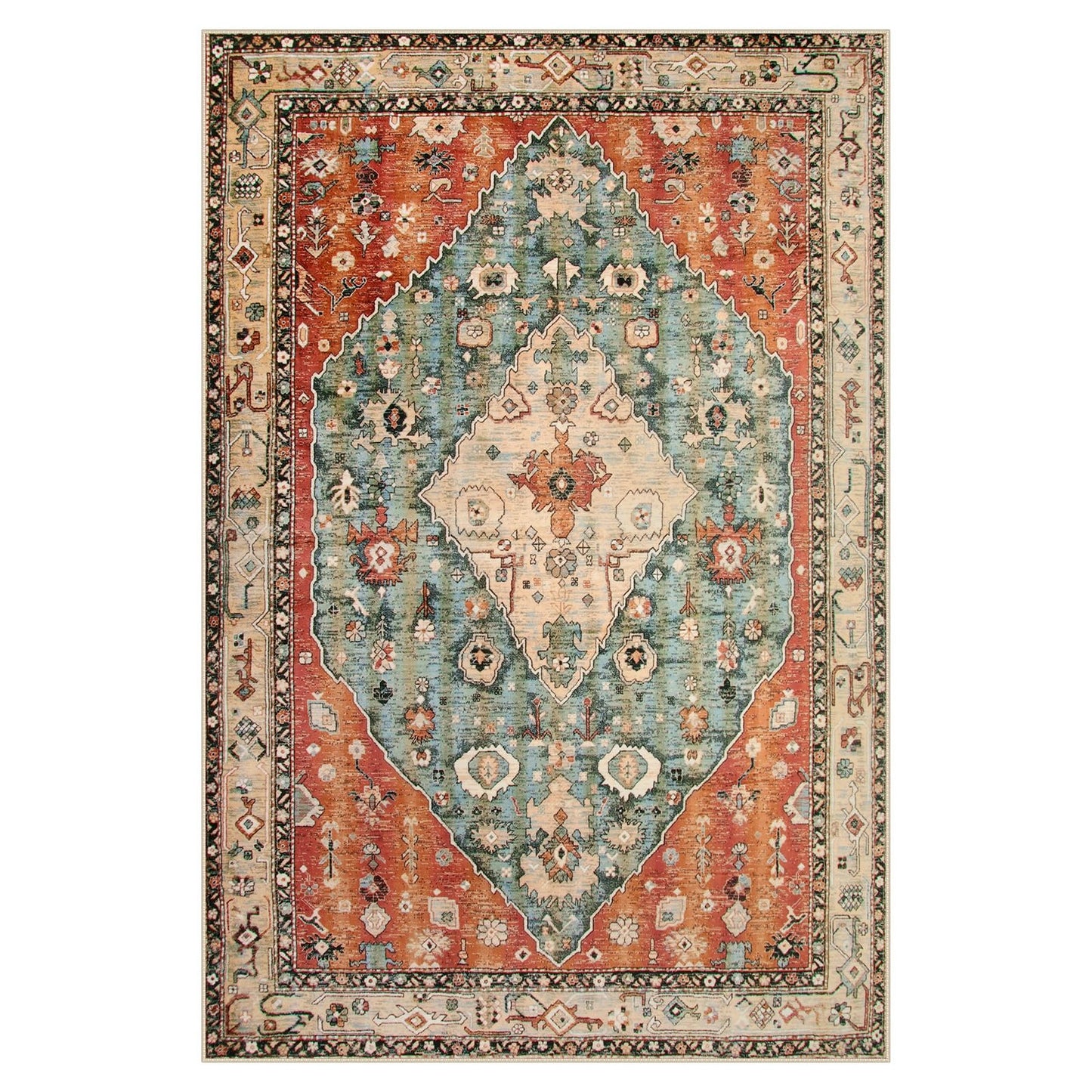 Lahome Boho Tribal 5x7 Washable Living Room Bedroom Rug, Oriental Soft Dining Room Rugs for Under Table, Large Distressed Printed Carpet for Entryway Kitchen Playroom (Rust/Dull Teal,5x7ft)