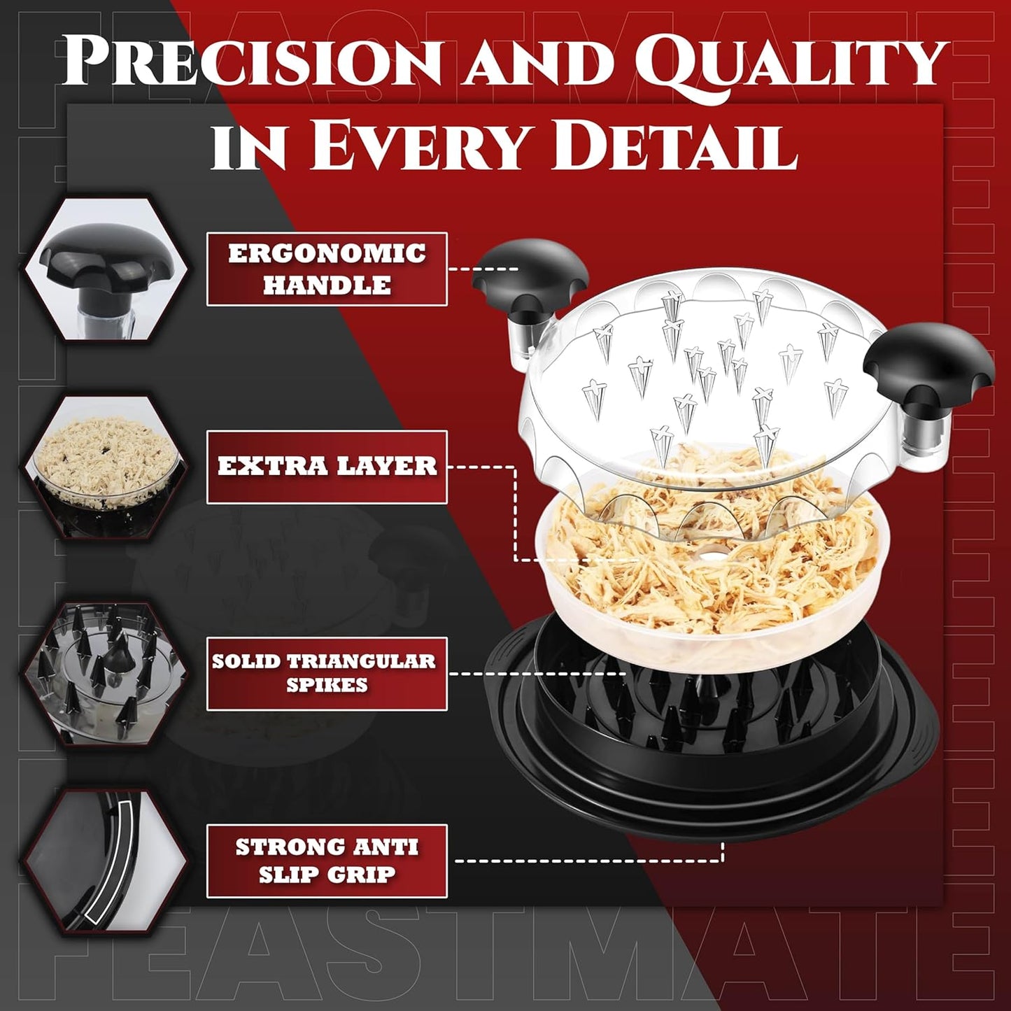 Skiennix 10” Pro Chicken Shredder Tool - Handheld Meat Shredder with Visible Lid & Extra Plate | BPA-Free