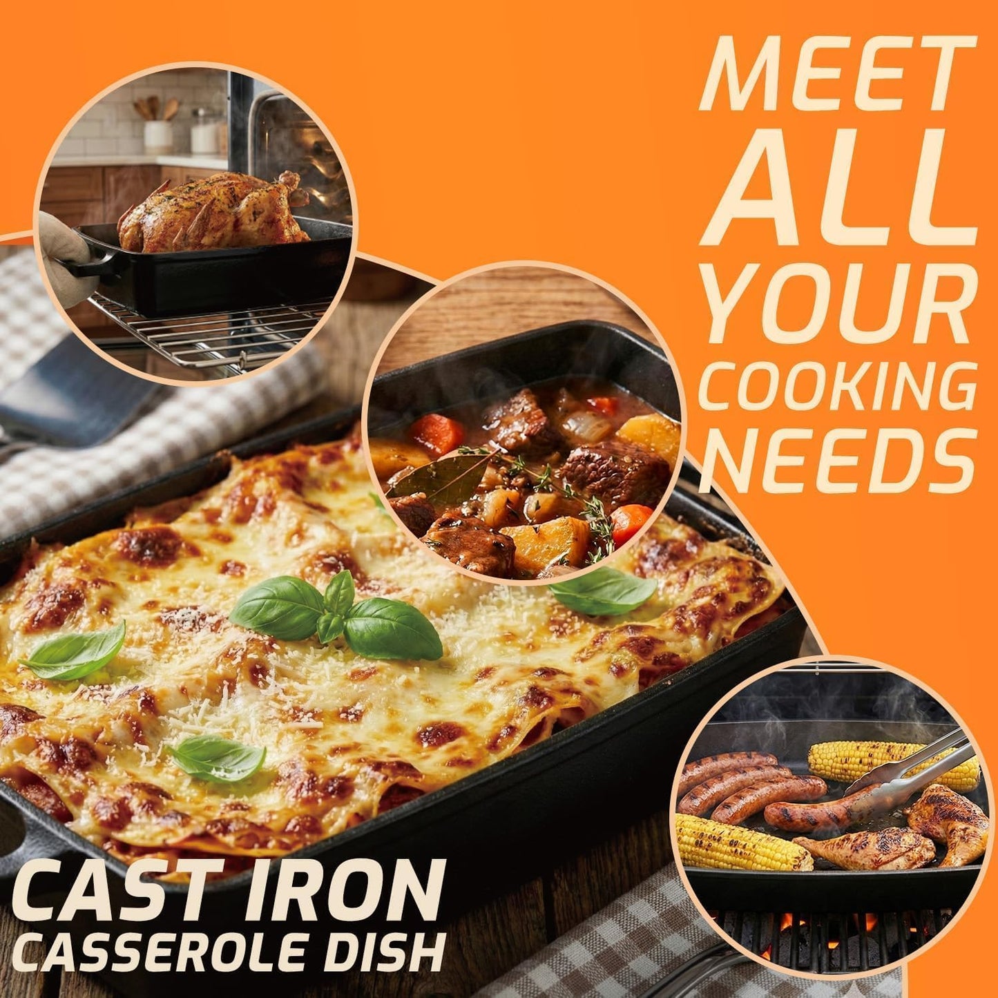 Skiennix 2-in-1 Pre-Seasoned Cast Iron Casserole Dish - Rectangular Dutch Oven, 13"x9" Baking Pan for Lasagna & Sourdough Bread