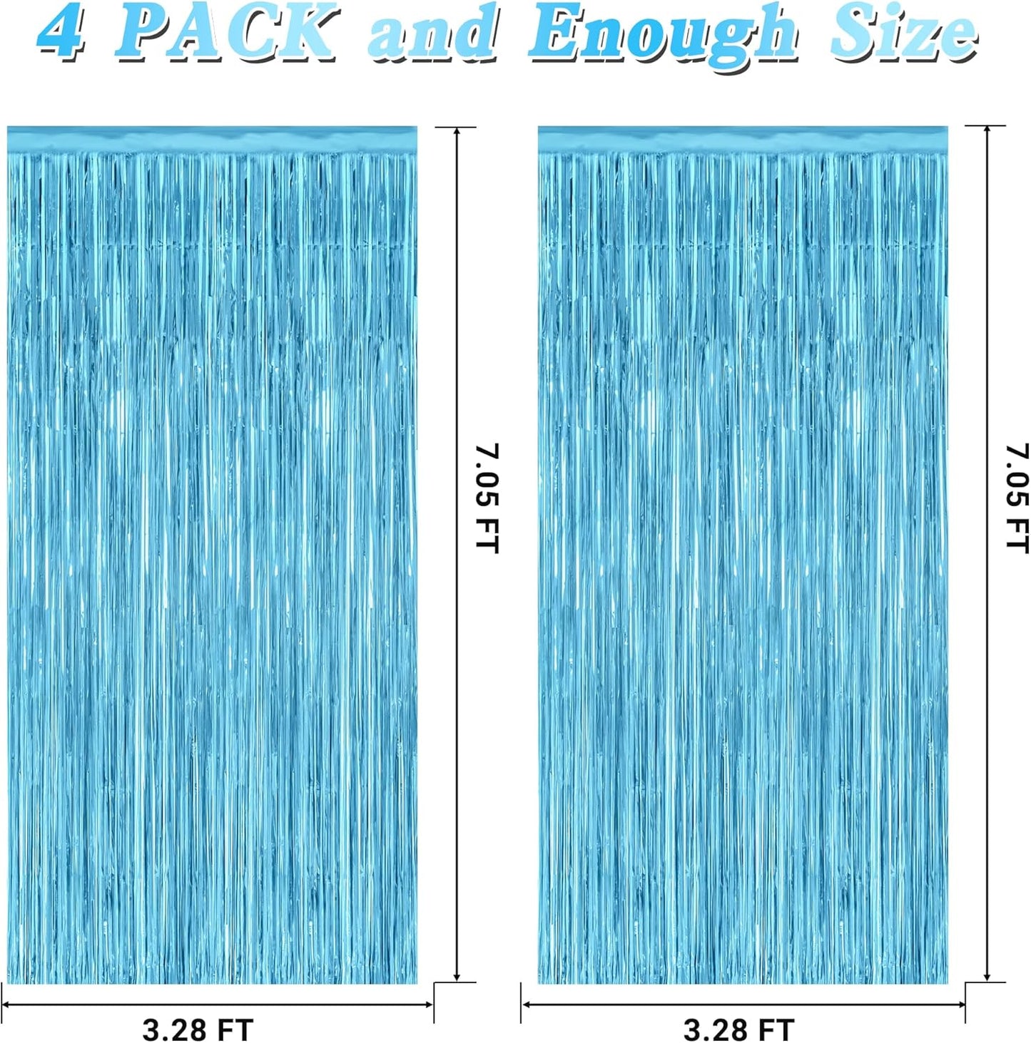 Skiennix Blue Foil Streamers - 4 Pack Metallic Sky Blue Backdrop Fringe Curtains | 3.28 FT x 7.05 FT for Parties