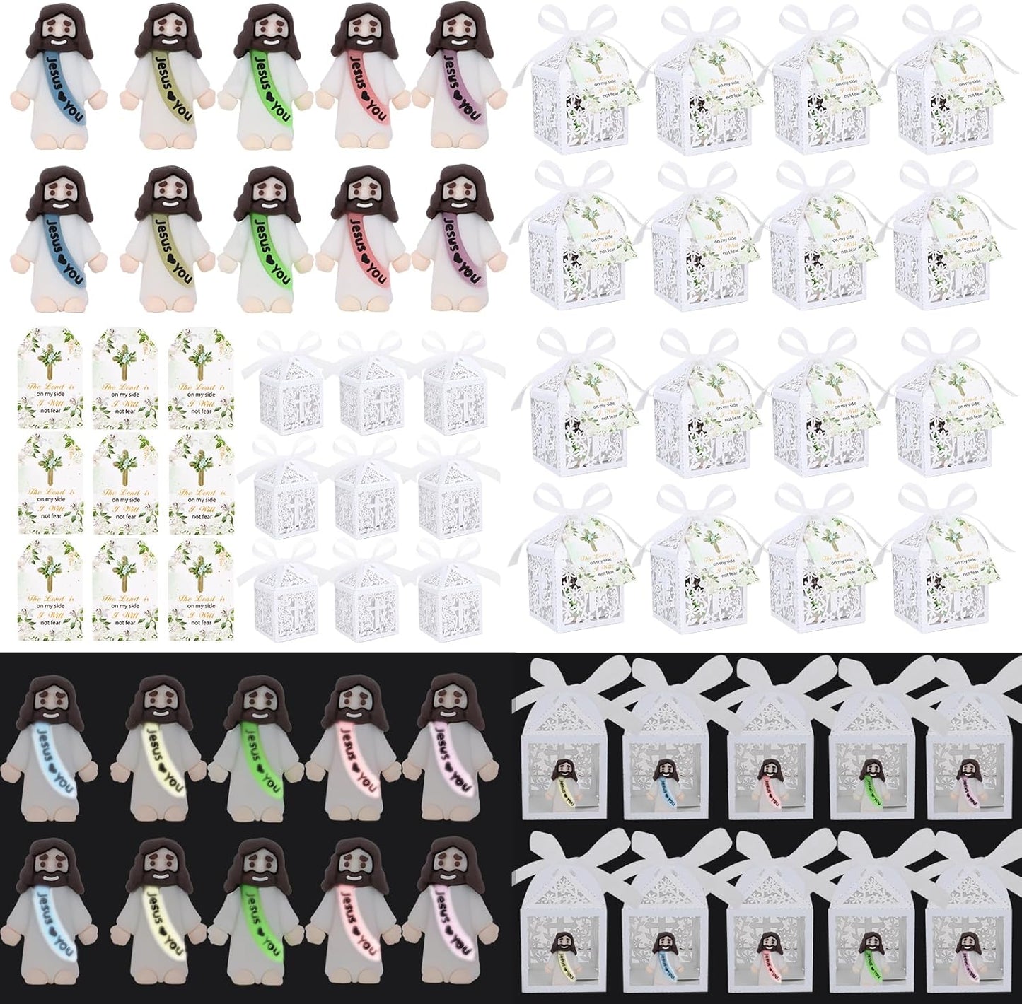 Skiennix Mini Jesus Figurines - 50 Sets Glow in The Dark Gifts with "Let Your Light Shine" Cards | Perfect for Church Baptism and Religious Parties
