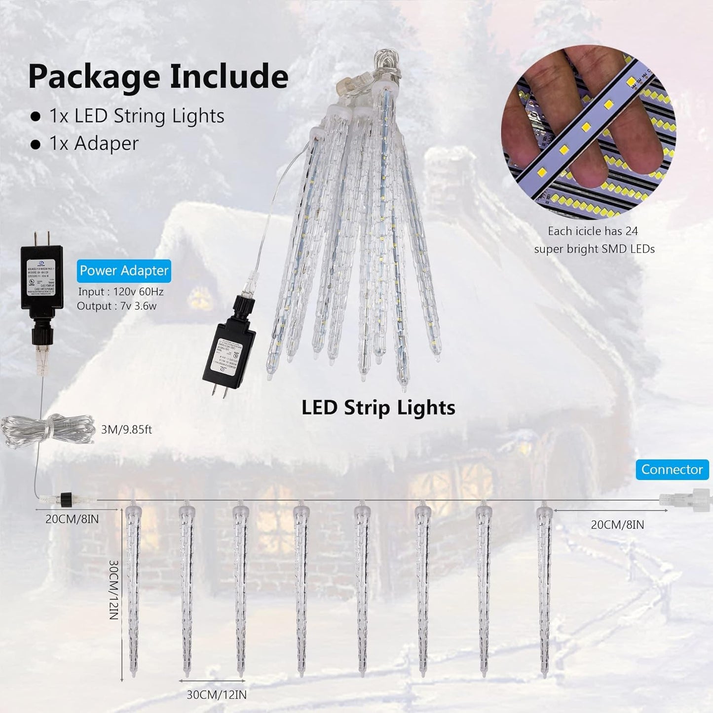 WATERGLIDE Meteor Shower Lights - 12" Outdoor Icicle Christmas Lights | 192 SMD LED Crystal Raindrop Decor