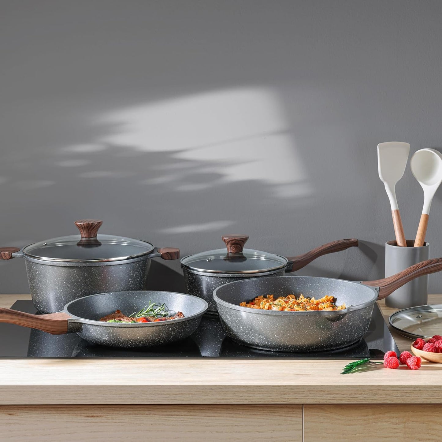 SENSARTE 13-Piece Nonstick Cookware Set - Swiss Granite Coating, Stay-Cool Handles, PFOA Free