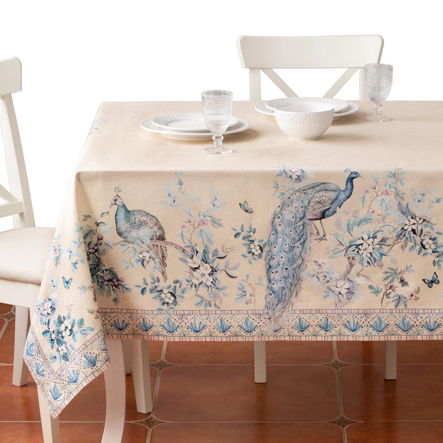 Maison d' Hermine Premium Table Cloth Rectangle Table 100% Combed Cotton 90 x 70 Inches Tablecloth Reusable Decorative for Dining Room Farmhouse Party Festive Wedding - Peacock Utopia - Sandy Beach