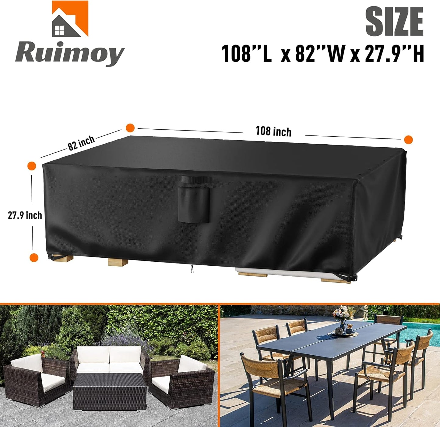 Ruimoy Outdoor Furniture Cover - Heavy Duty Waterproof Protection | Fits Tables & Chairs (108" L x 82" W x 27.9" H)
