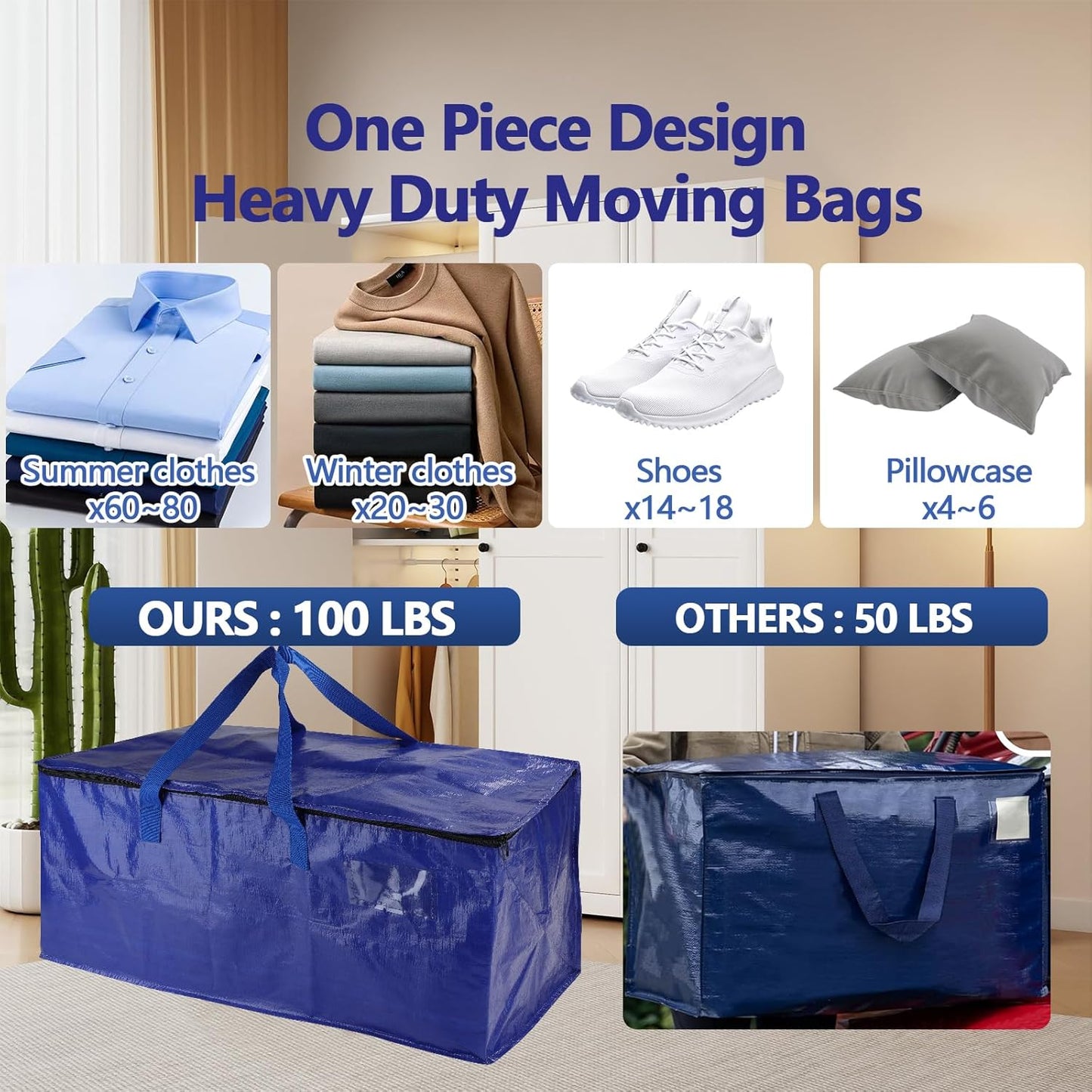 Skiennix 8-Pack Waterproof Moving Bags - Heavy-Duty 100lb Capacity Totes for Packing & Storage | 95L, Blue