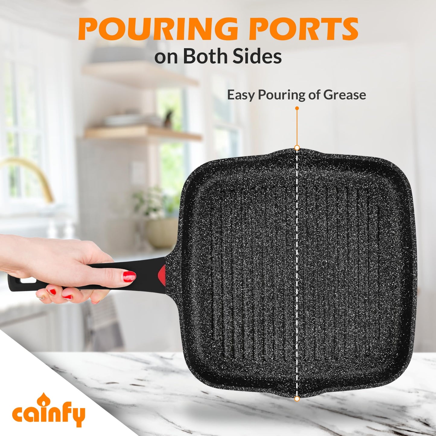 CAINFY 11 Inch Non Stick Grill Pan Granite Coated with Pour Spout - Lightweight 2.66 Quart Grill Pan for Indoor Cooking with Grip Handle - Induction Compatible PFOA Free Stove Top (Black)