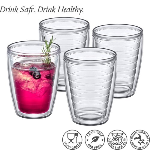 Amazing Abby Alaska 16-Ounce Insulated Tumblers (Set of 4), Double-Wall All-Clear Reusable BPA-Free Shatter-Proof Dishwasher-Safe Plastic Drinking Glasses