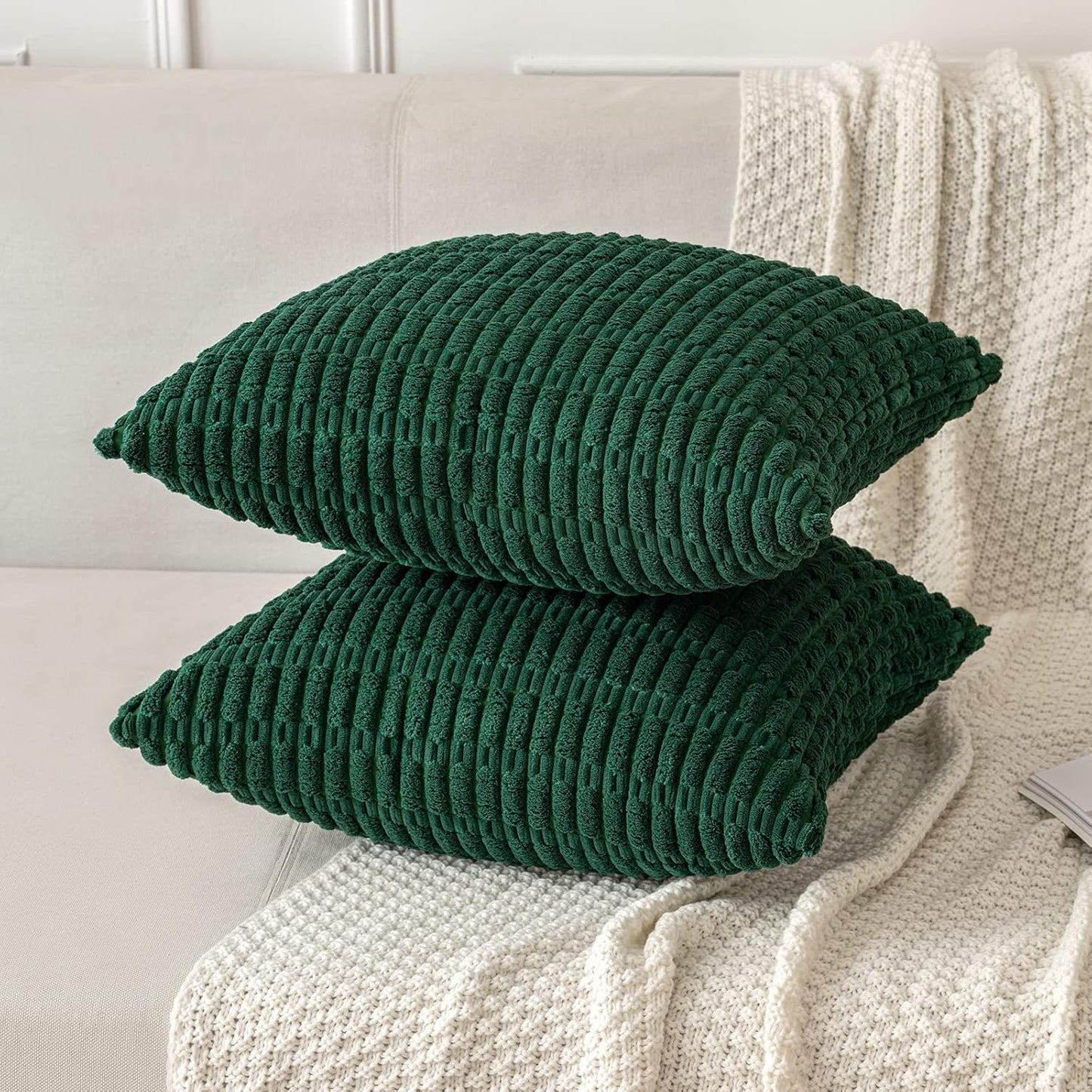 MIULEE Decorative Pillow Covers - Soft Dark Green Corduroy | Pack of 2, 18x18 Inch, Boho Striped Design for Modern Farmhouse Home Decor