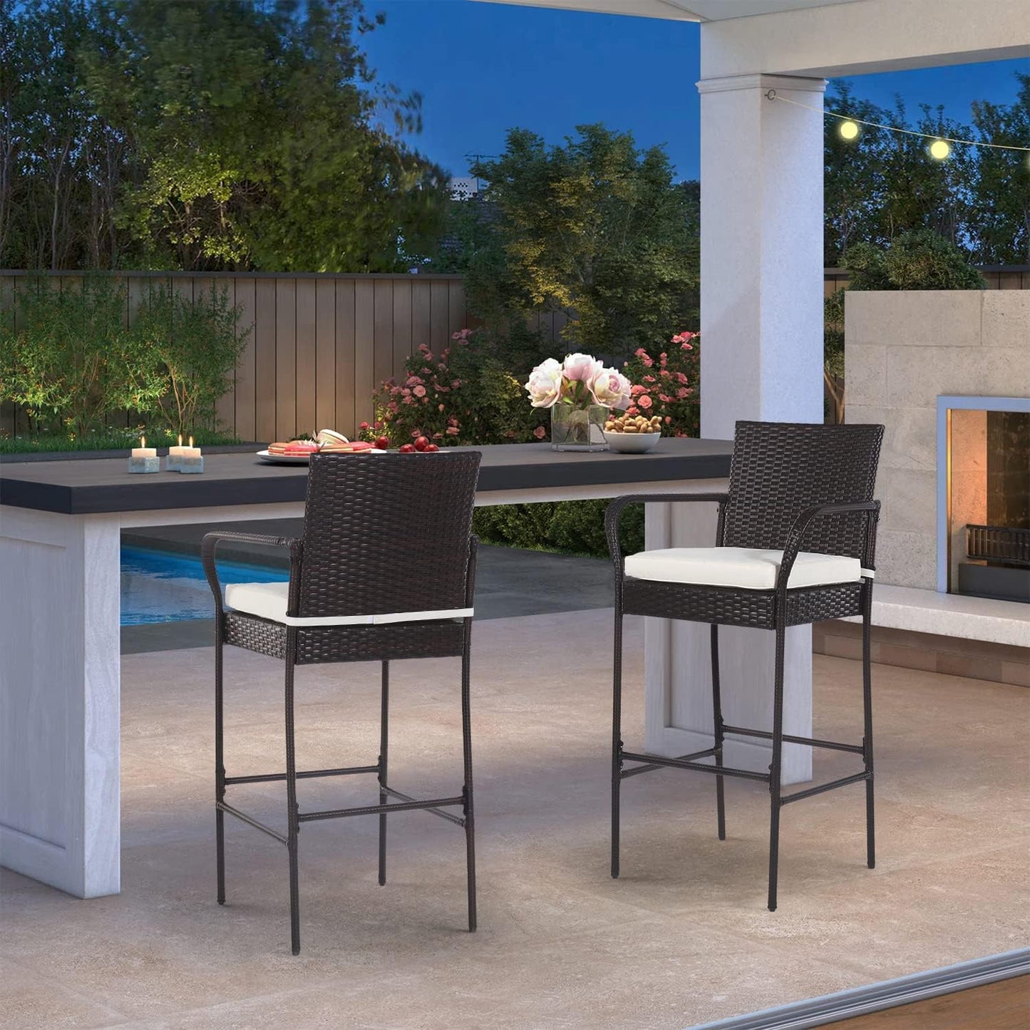 PayLessHere Patio Bar Stools Set of 2 - All-Weather Wicker Rattan Chairs with Footrest & Khaki Cushions
