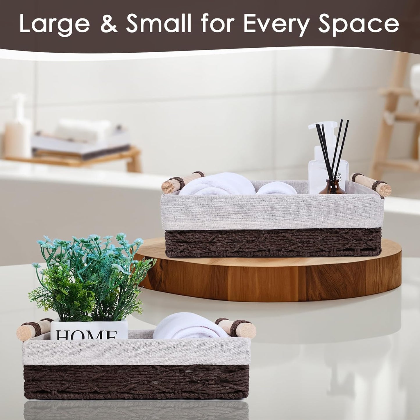 Wicker Storage Basket - Decorative Paper Rope Bathroom Organizer with Wooden Handle | 2 Pack, Brown