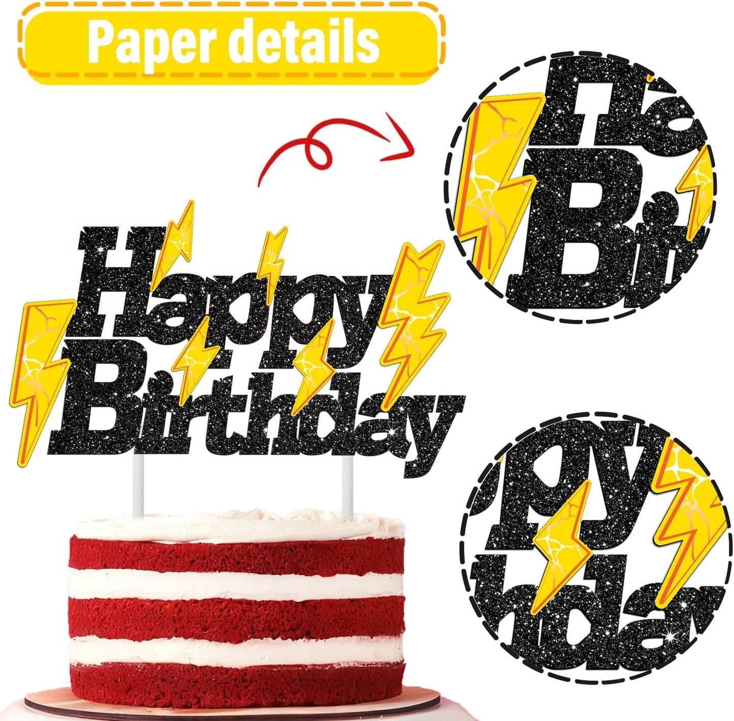 Skiennix Glitter Black Lightning Bolt Cake Toppers - Fun Birthday Party Decorations for Kids