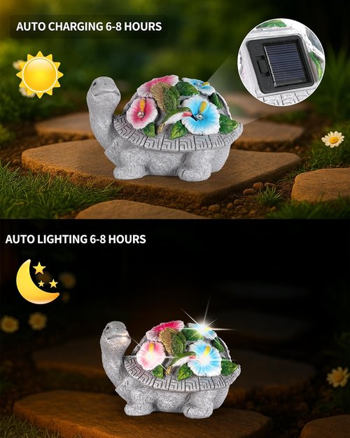 GoGnome Solar Turtle Figurine Lights - 5.5-Inch Garden Statue with Hummingbird Flower | Perfect Outdoor Yard Decor